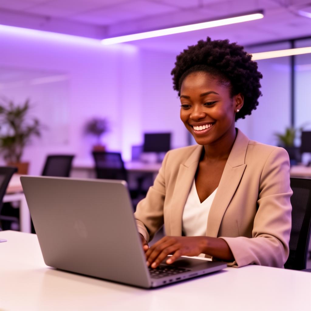 Ghanaian professional working happily on a new laptop