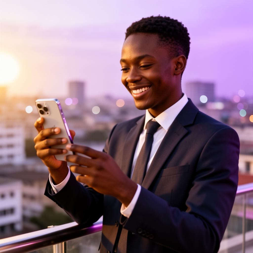 Happy Ghanaian professional with a new iPhone